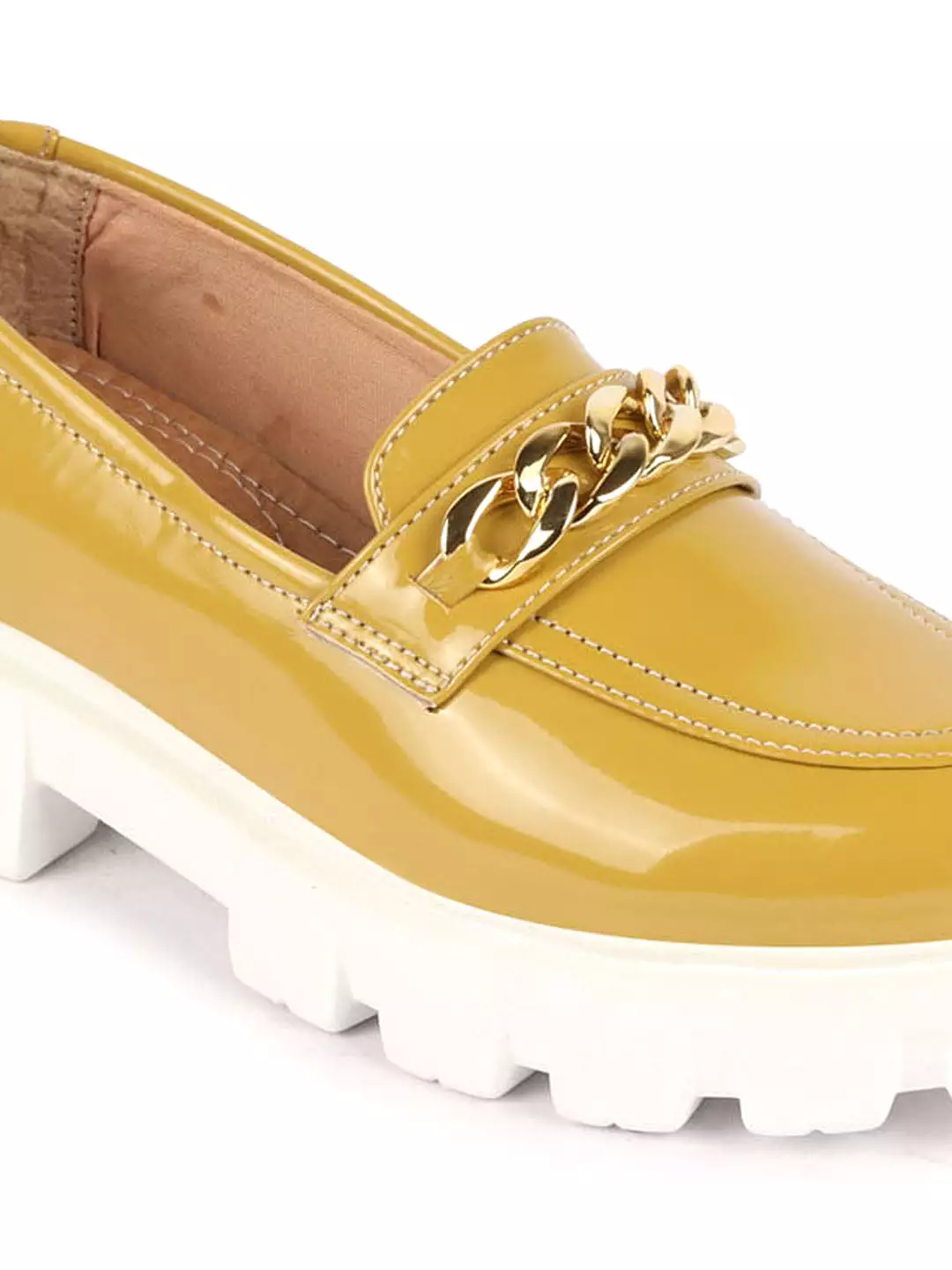 Women Mustard Patent Leather Shiny Chain Buckle Classic Casual Slip On Loafer Shoes