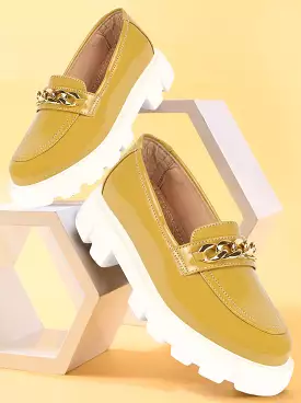 Women Mustard Patent Leather Shiny Chain Buckle Classic Casual Slip On Loafer Shoes