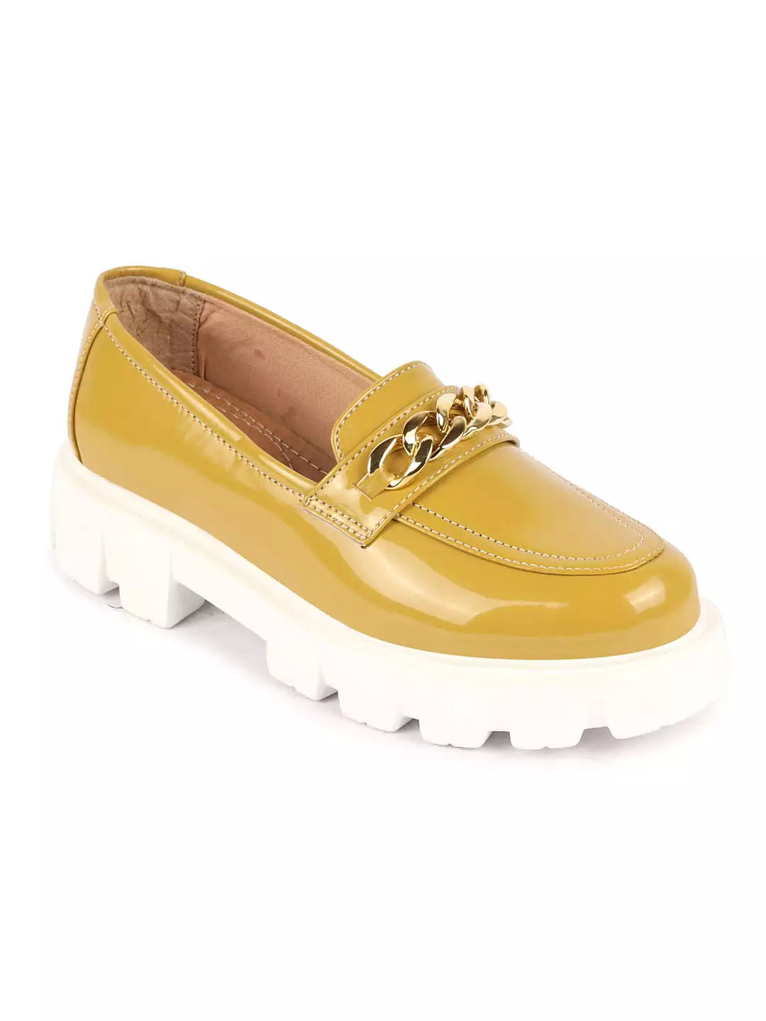 Women Mustard Patent Leather Shiny Chain Buckle Classic Casual Slip On Loafer Shoes