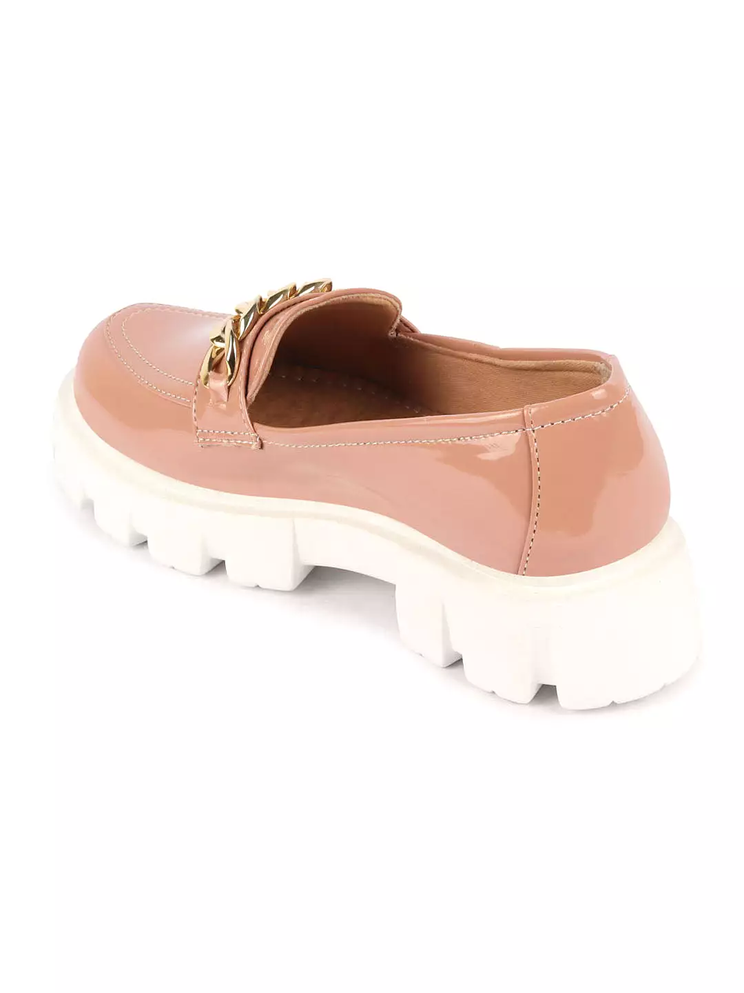 Women Peach Patent Leather Shiny Chain Buckle Classic Casual Slip On Loafer Shoes