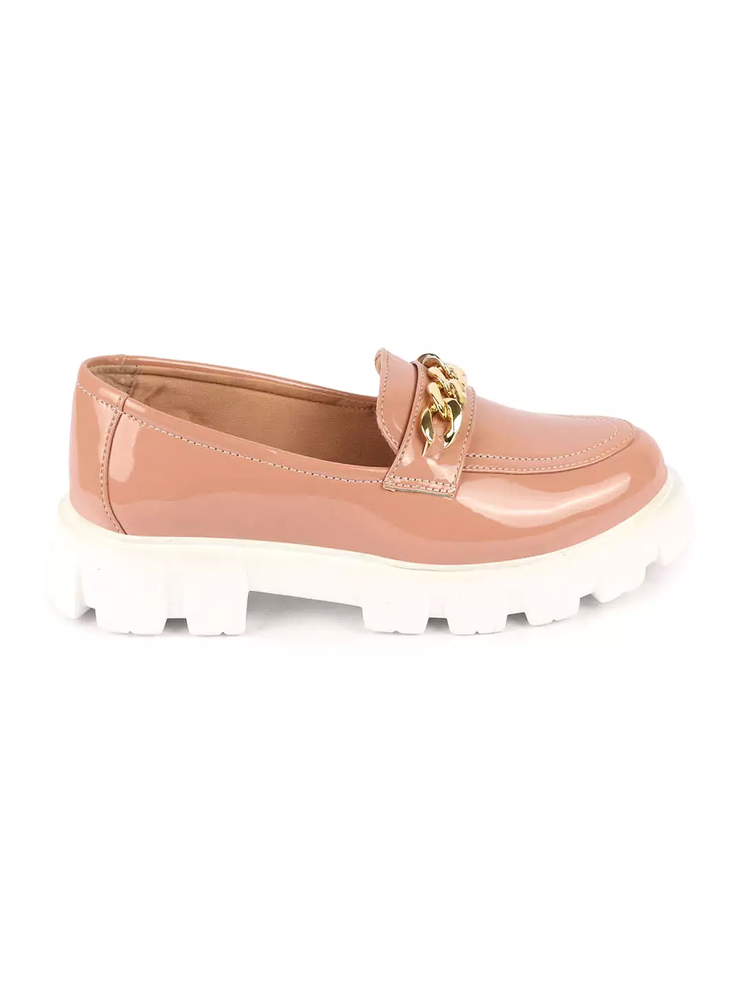 Women Peach Patent Leather Shiny Chain Buckle Classic Casual Slip On Loafer Shoes