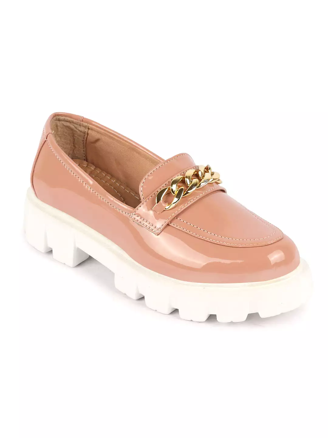 Women Peach Patent Leather Shiny Chain Buckle Classic Casual Slip On Loafer Shoes