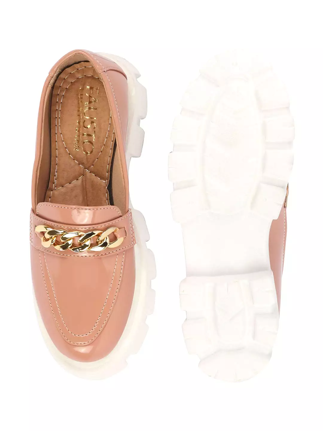 Women Peach Patent Leather Shiny Chain Buckle Classic Casual Slip On Loafer Shoes