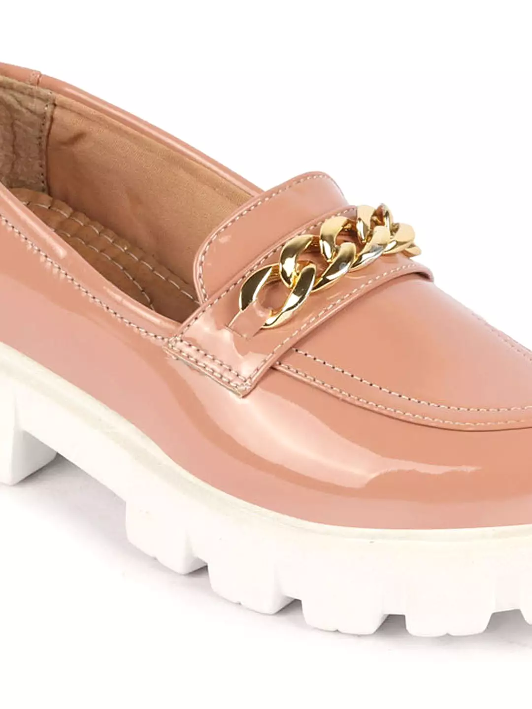 Women Peach Patent Leather Shiny Chain Buckle Classic Casual Slip On Loafer Shoes