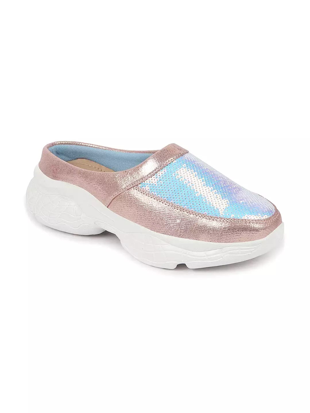 Women Pink Back Open Embellished Slip On Mules