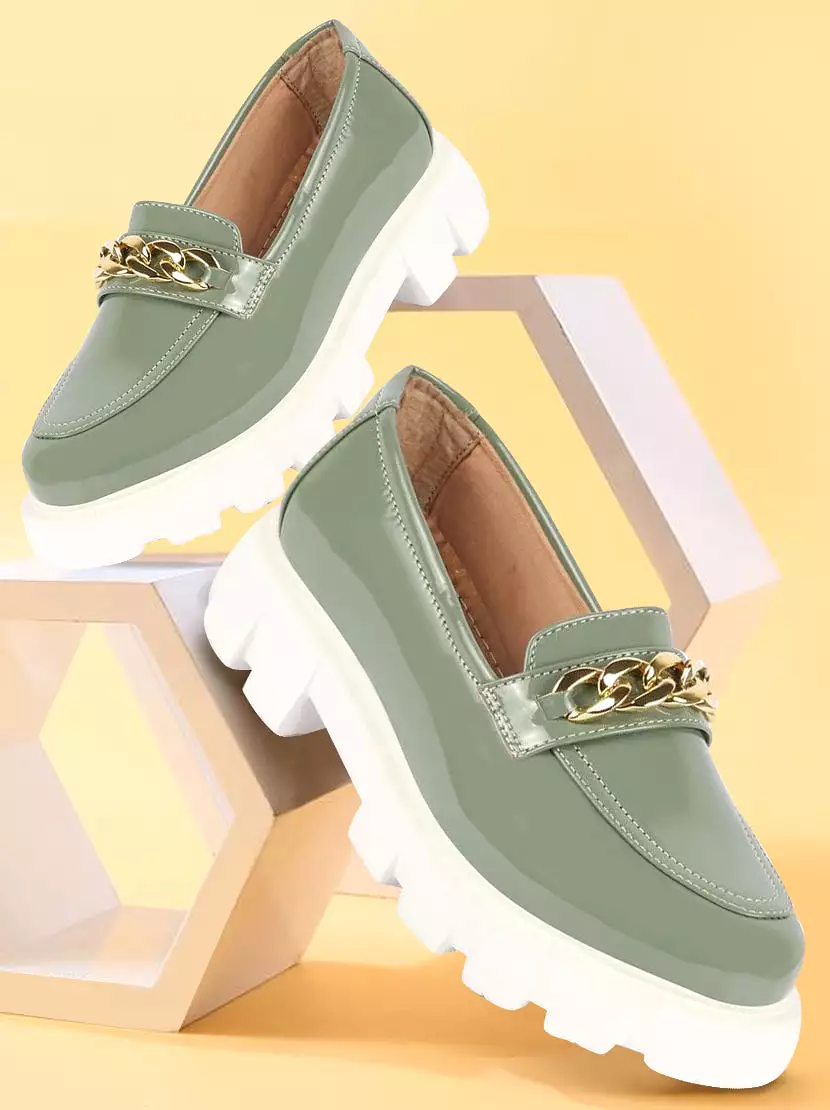 Women Pista Green Patent Leather Shiny Chain Buckle Classic Casual Slip On Loafer Shoes