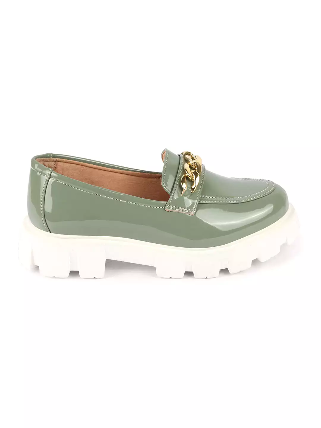 Women Pista Green Patent Leather Shiny Chain Buckle Classic Casual Slip On Loafer Shoes