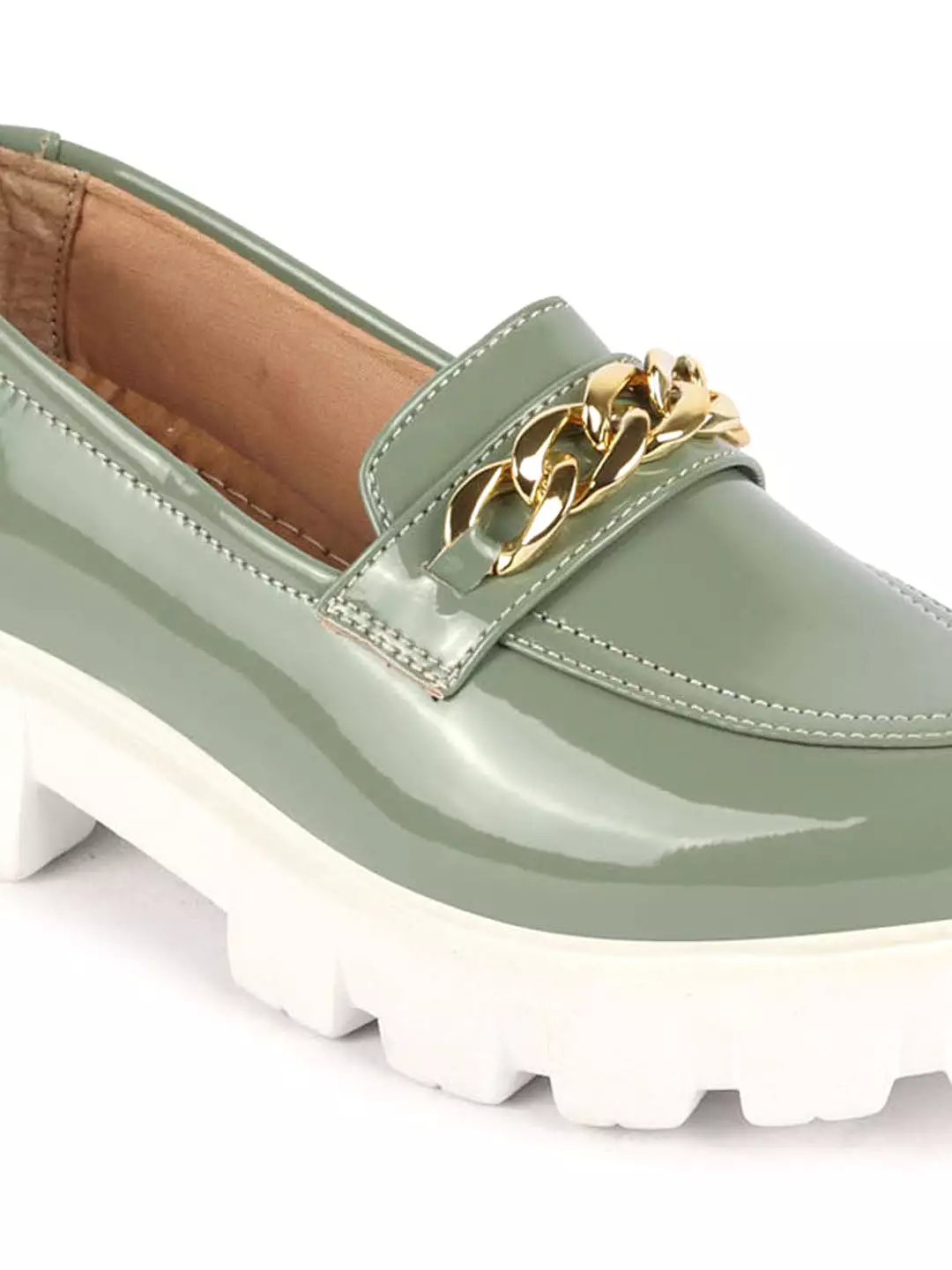 Women Pista Green Patent Leather Shiny Chain Buckle Classic Casual Slip On Loafer Shoes