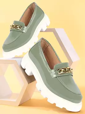 Women Pista Green Patent Leather Shiny Chain Buckle Classic Casual Slip On Loafer Shoes