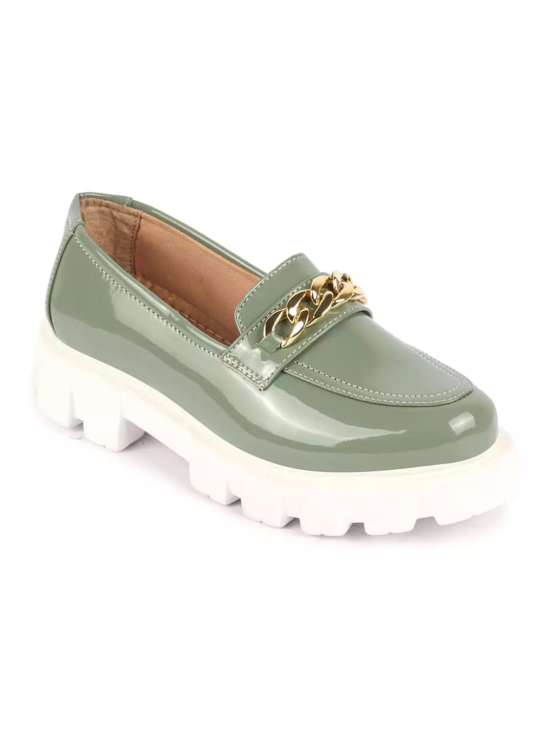 Women Pista Green Patent Leather Shiny Chain Buckle Classic Casual Slip On Loafer Shoes