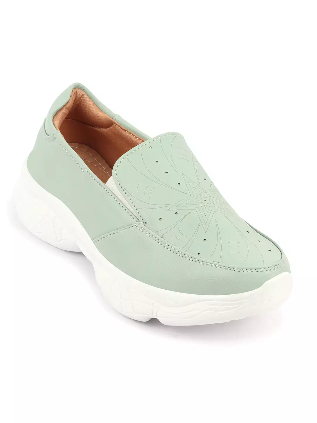 Women Pista Green Printed Design Stitched Comfort Slip On Sneaker Shoes