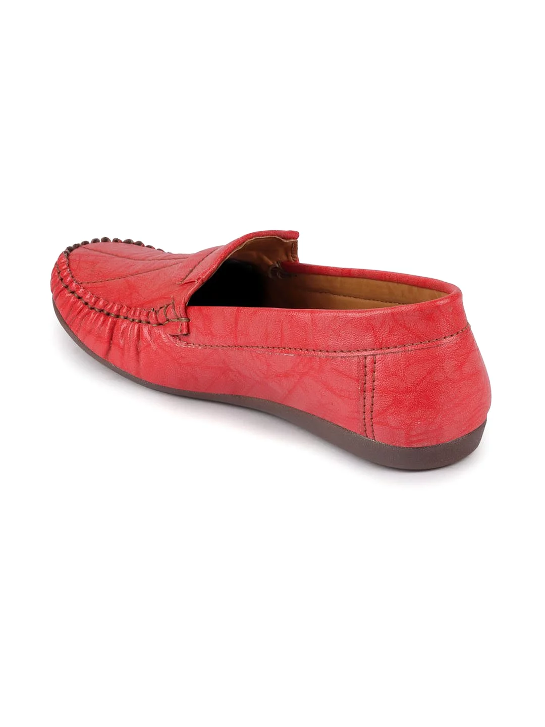 Women Red Stitched Slip On Loafers