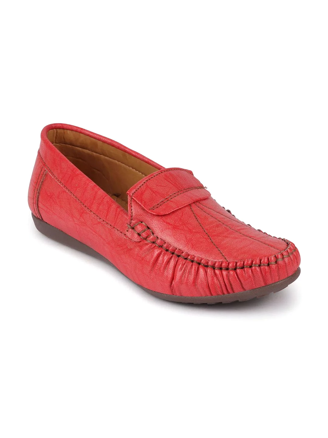 Women Red Stitched Slip On Loafers