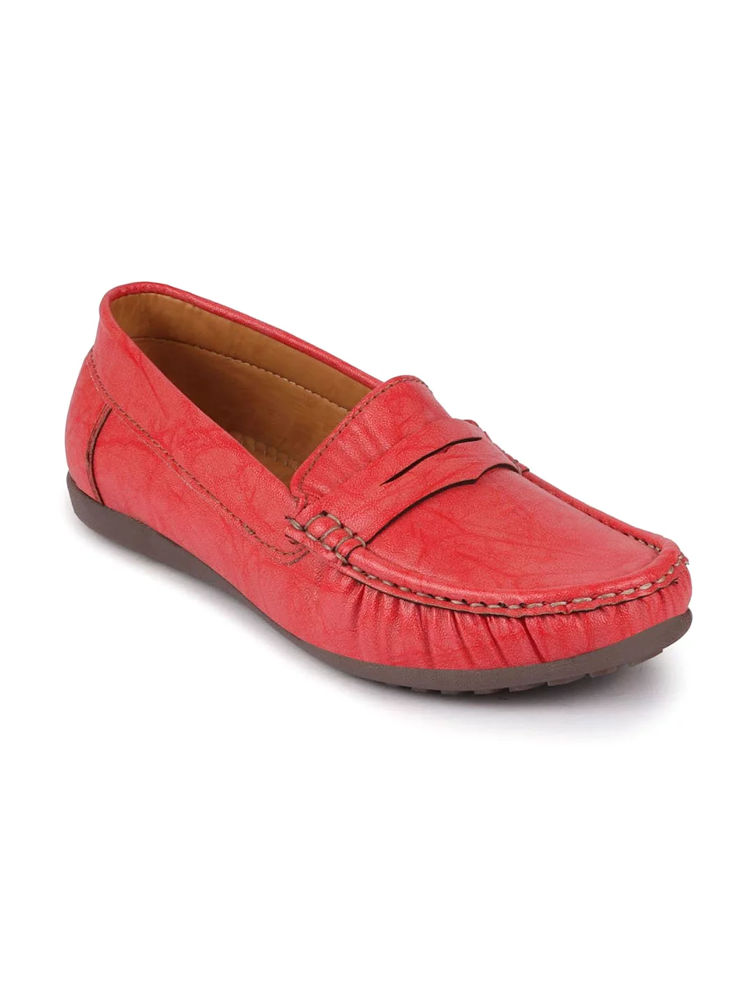 Women Red Stitched Slip On Loafers