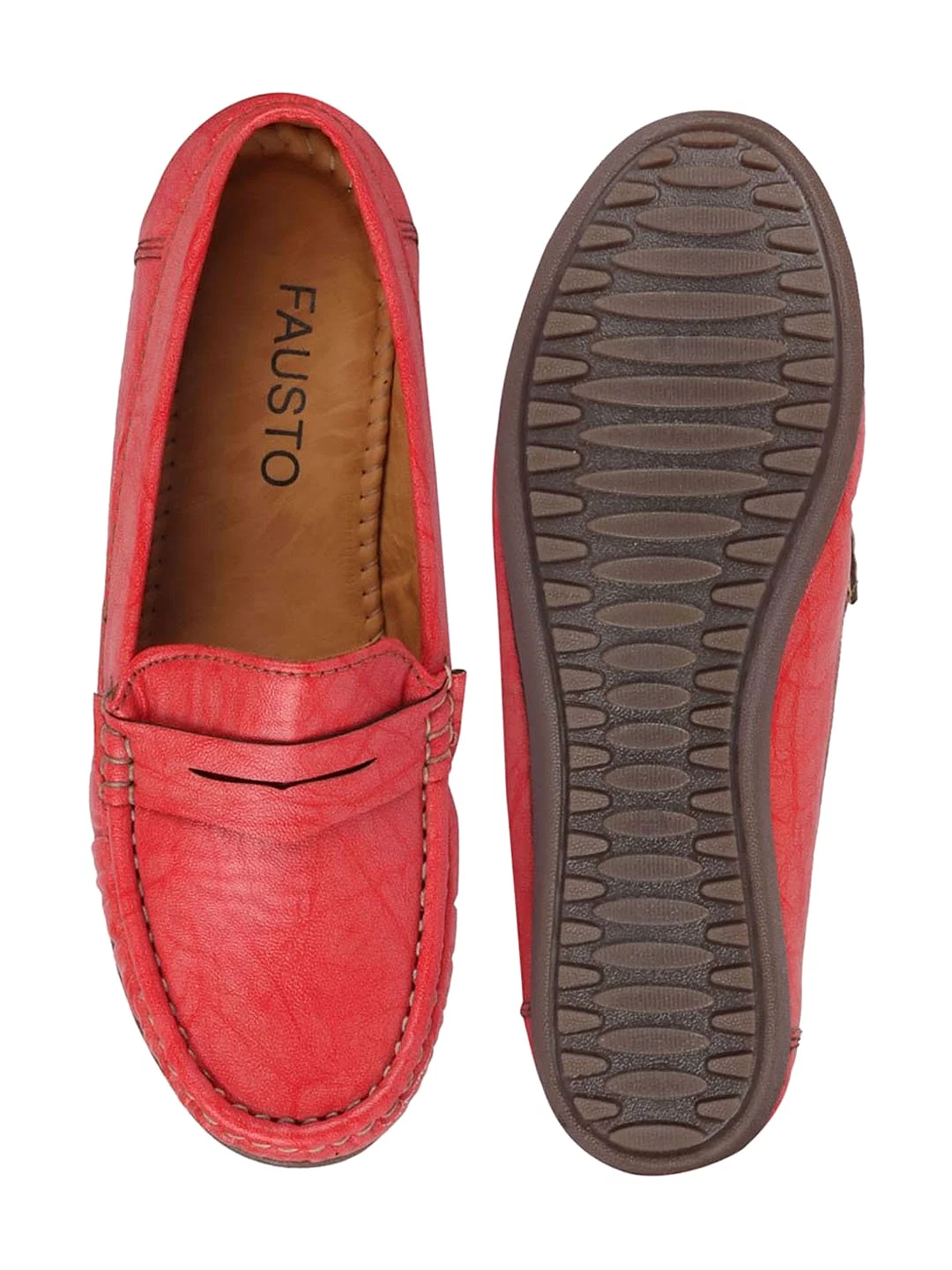 Women Red Stitched Slip On Loafers