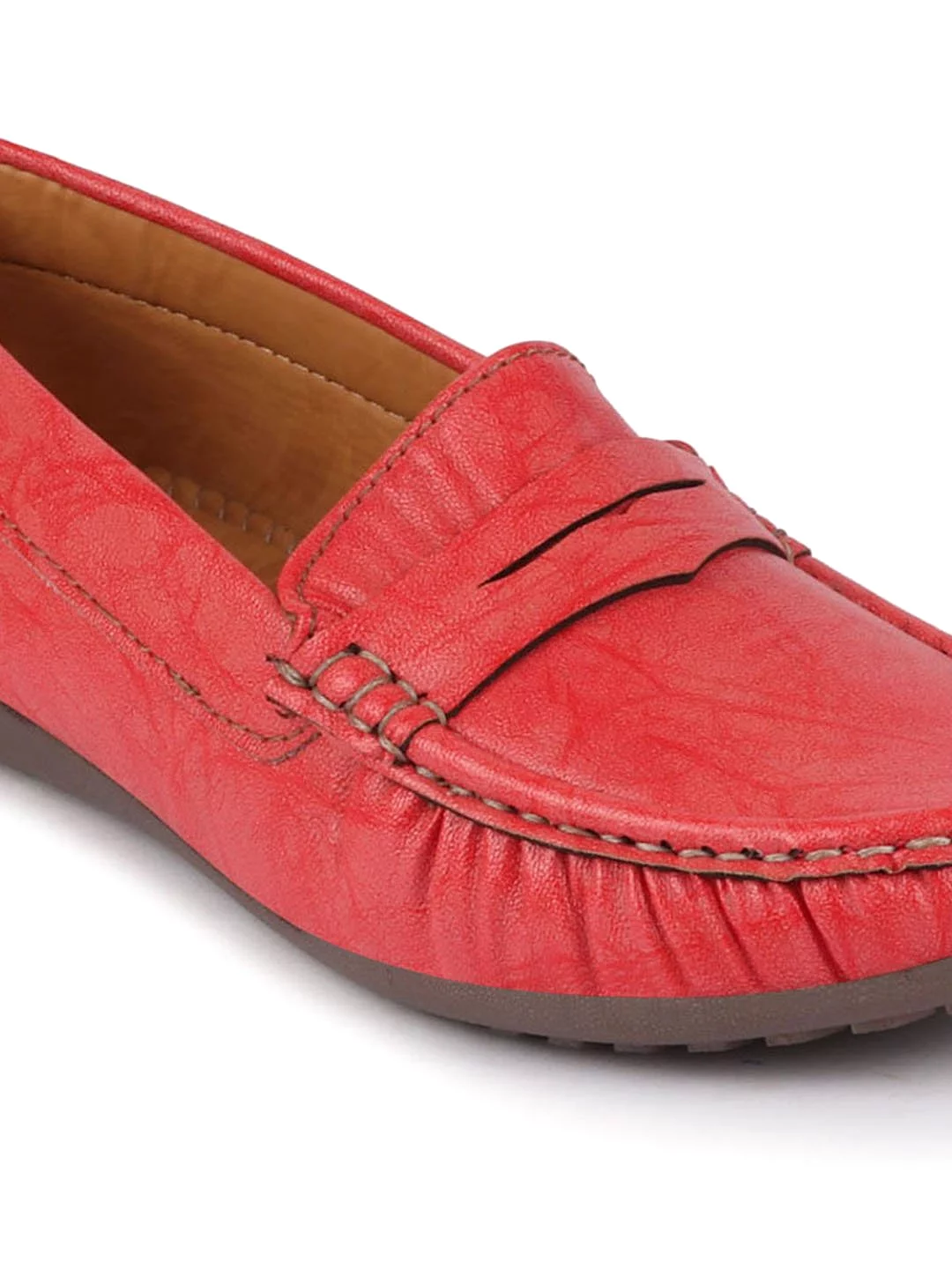 Women Red Stitched Slip On Loafers