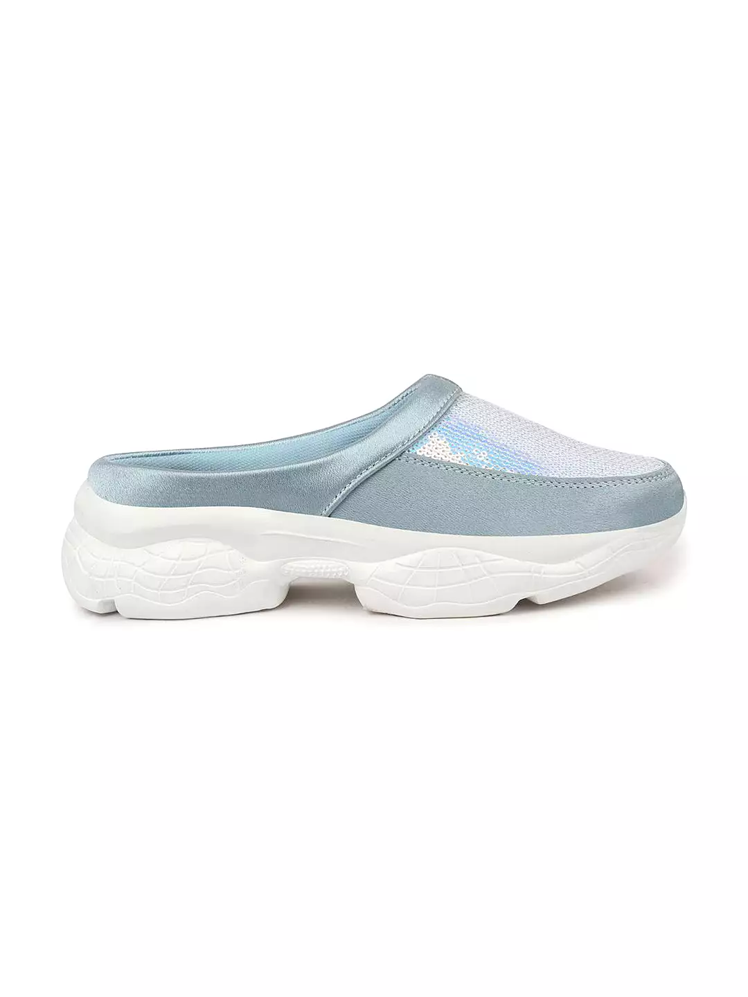 Women Sky Blue Back Open Embellished Slip On Mules