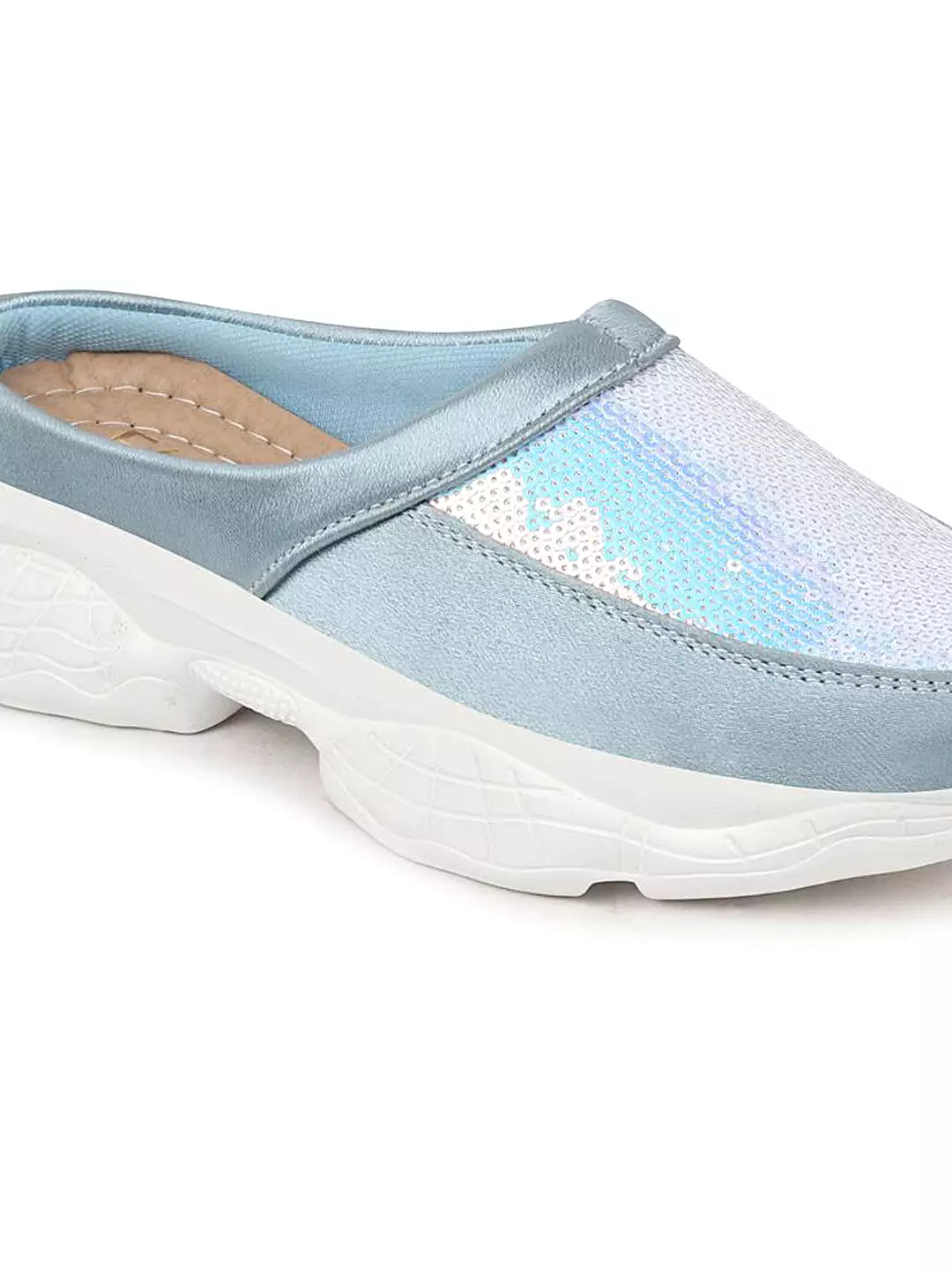 Women Sky Blue Back Open Embellished Slip On Mules