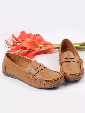 Women Tan Stitched Slip On Loafers