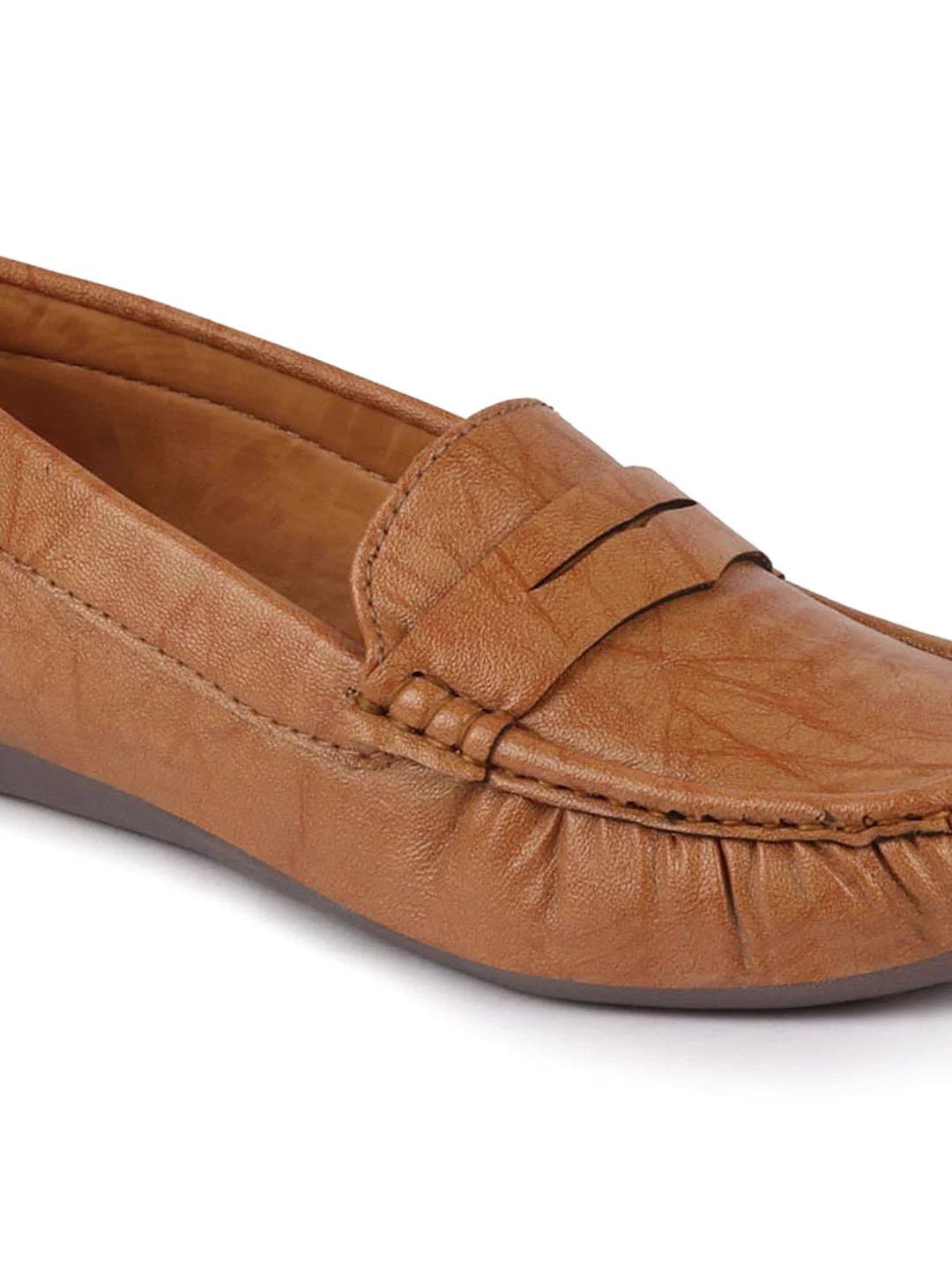 Women Tan Stitched Slip On Loafers