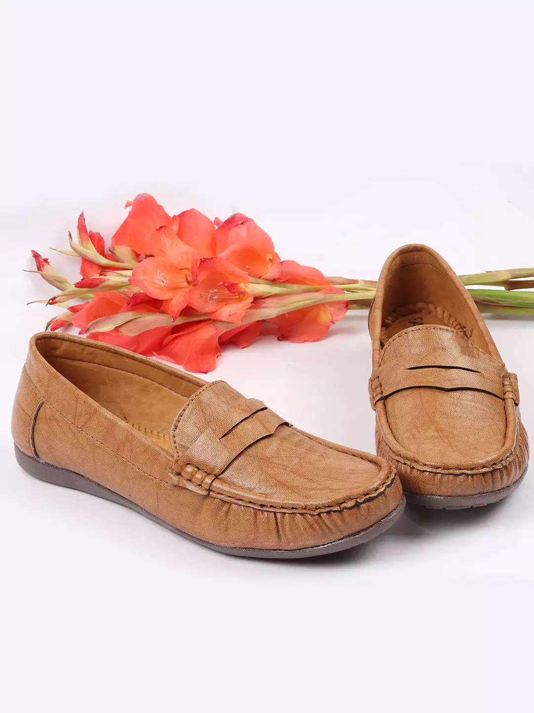 Women Tan Stitched Slip On Loafers