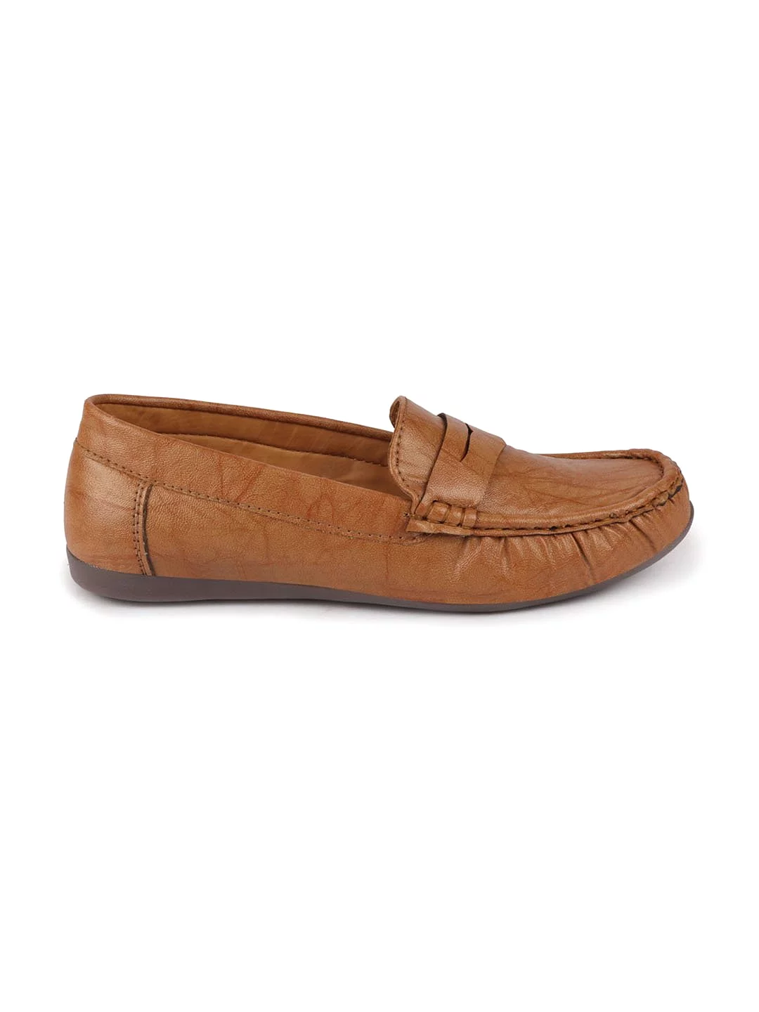 Women Tan Stitched Slip On Loafers