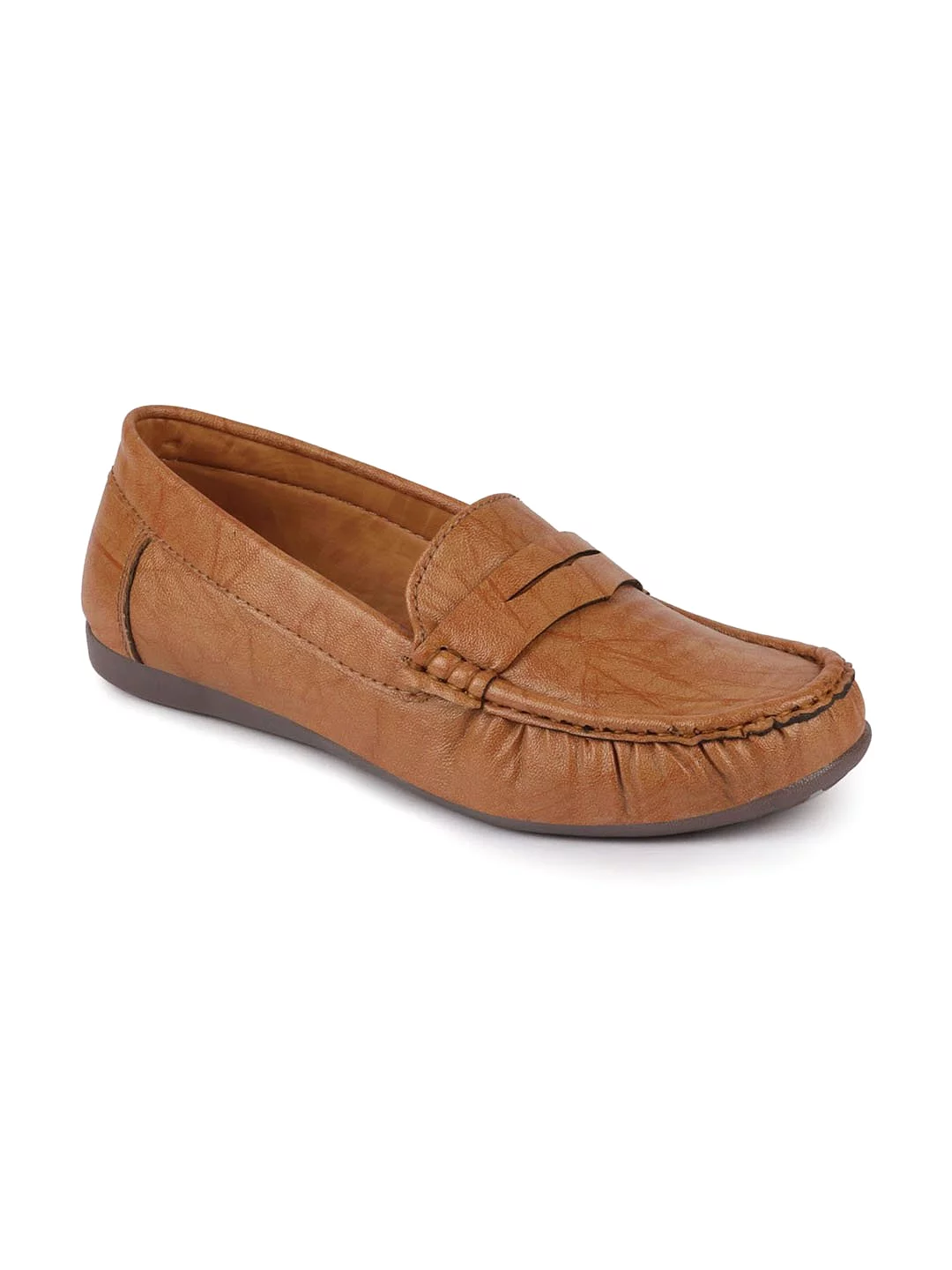 Women Tan Stitched Slip On Loafers