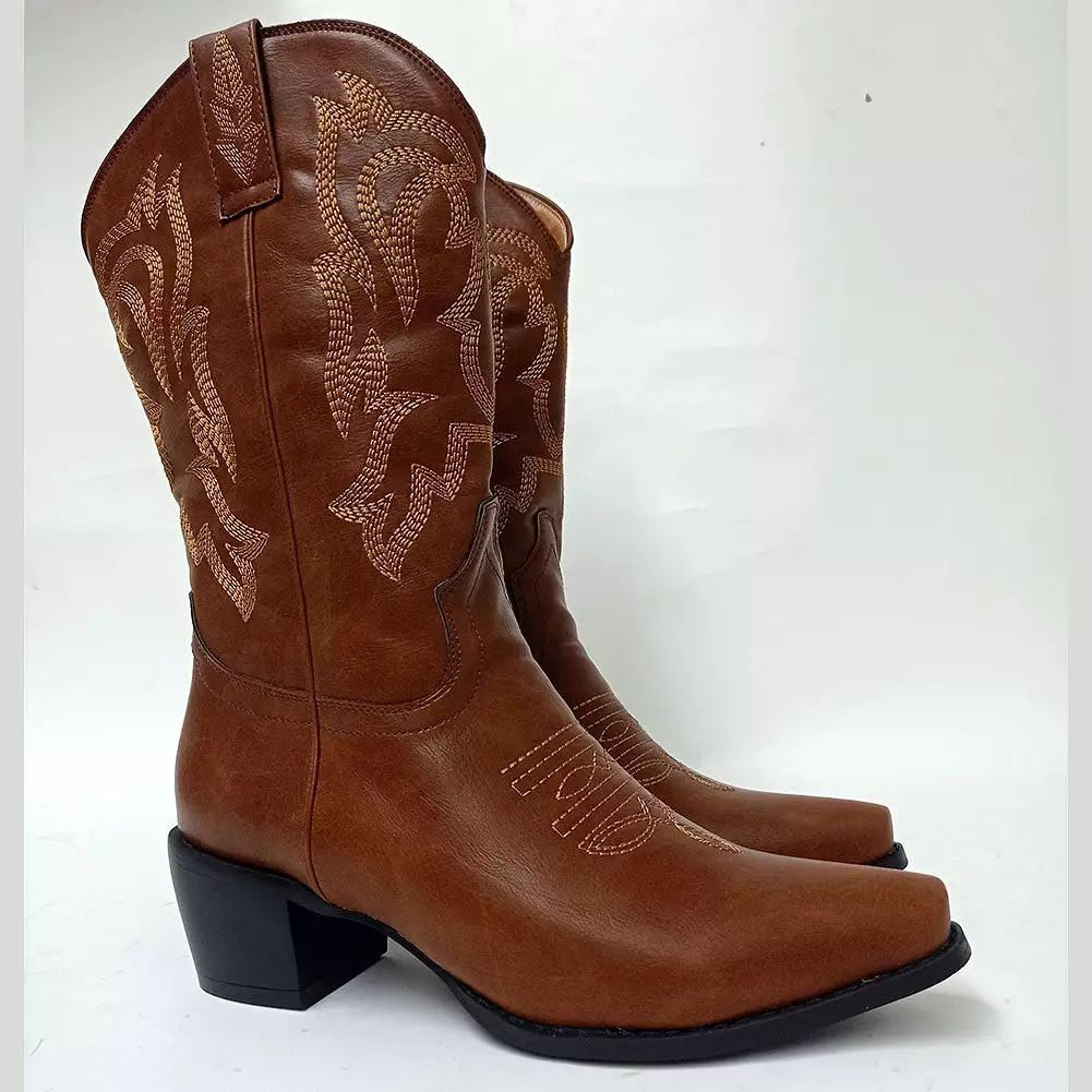 Women Western Boots Cowgirl  Mid-calf Boots Fashion Sewing Women Shoes Boots