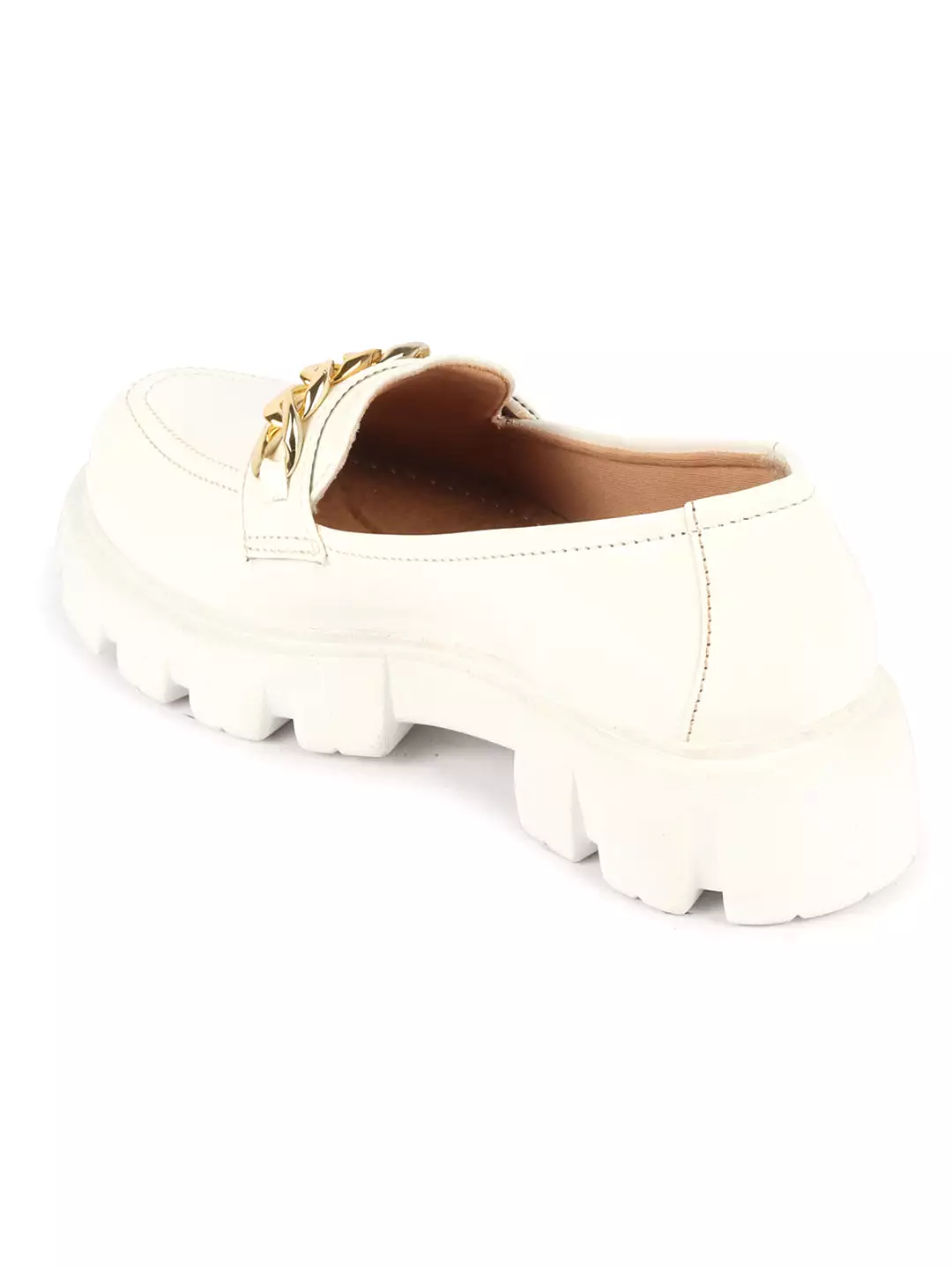 Women White Patent Leather Shiny Chain Buckle Classic Casual Slip On Loafer Shoes