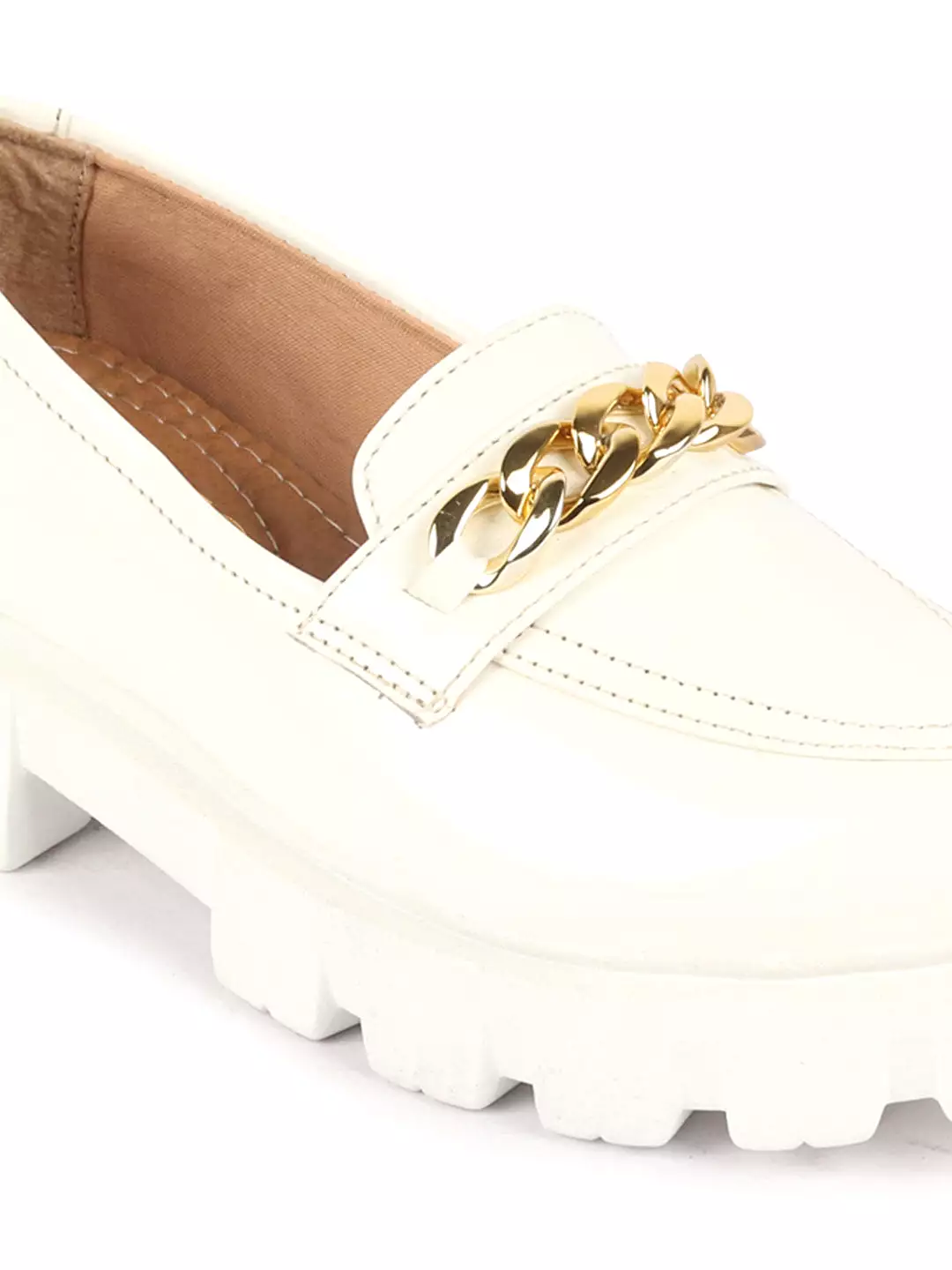 Women White Patent Leather Shiny Chain Buckle Classic Casual Slip On Loafer Shoes