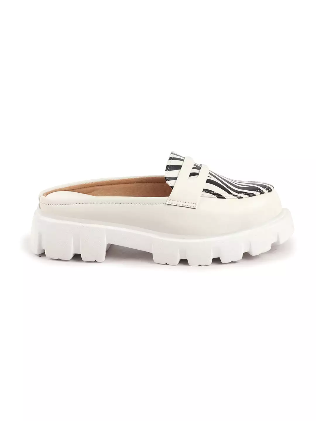 Women White Stiched Zebra Striped Print Back Open Party Slip On Casual Shoes