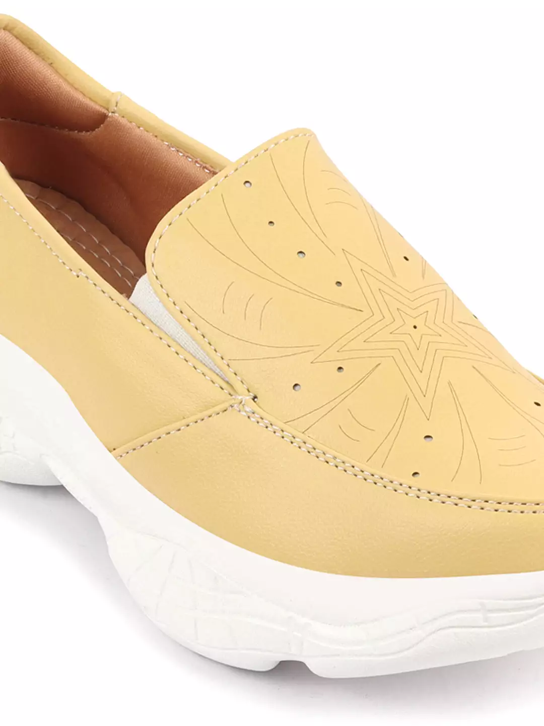 Women Yellow Printed Design Stitched Comfort Slip On Sneaker Shoes