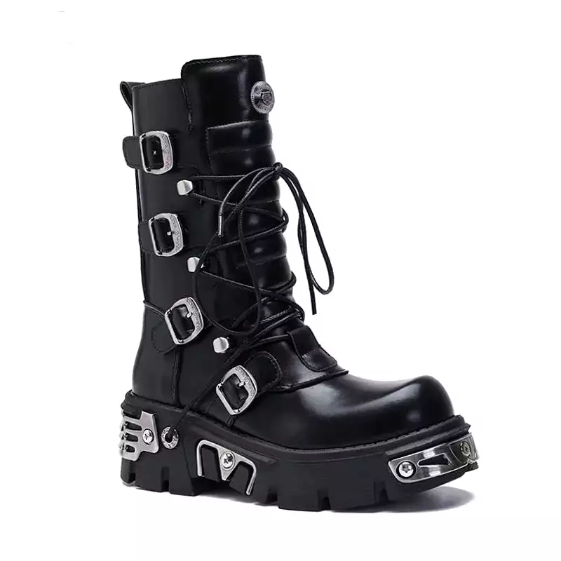 Women's Platform Ankle Boots Motorcycle Boots Mid-calf Military Boots Gothic Belt Punk Shoes Metal Buckle