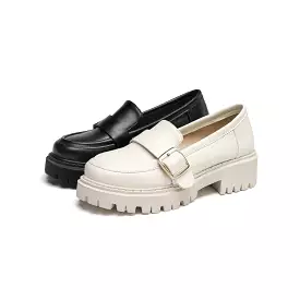 Women's Round Toe Buckle Straps Platform Slip-On Loafers