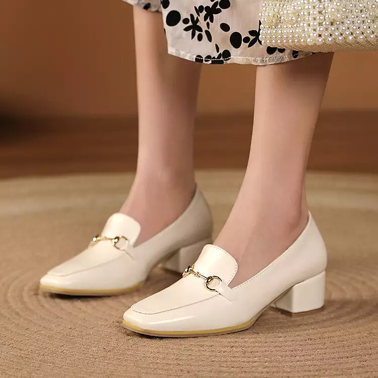 Women's Square Toe Metal Block Heel Slip-On Loafers