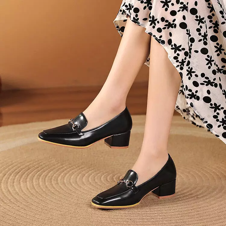 Women's Square Toe Metal Block Heel Slip-On Loafers