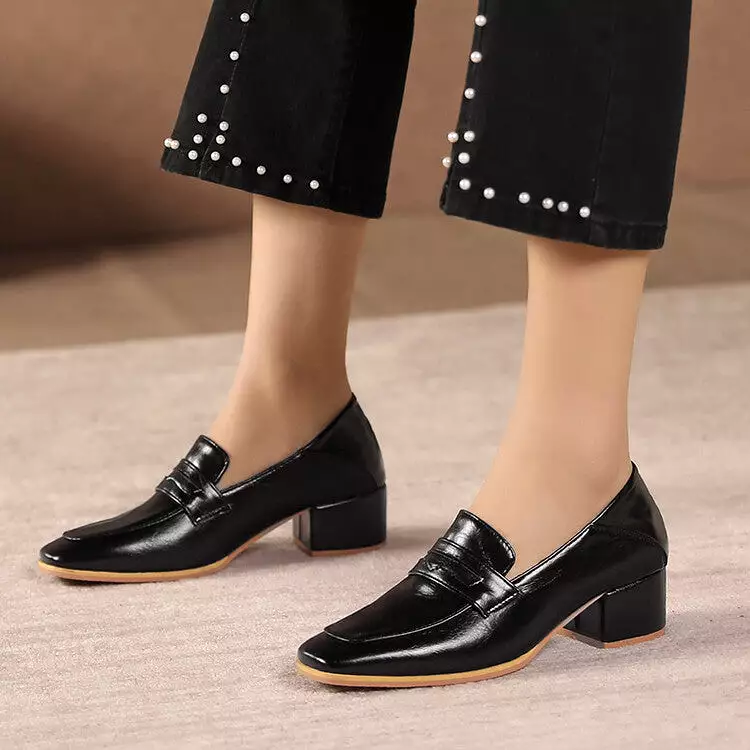 Women's Square Toe Shallow Block Heel Slip-On Loafers Loafers