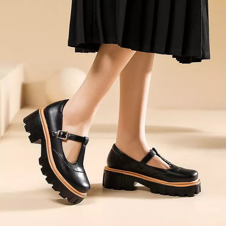 Women's Square Toe T Strap Chunky Heel Platform Loafers