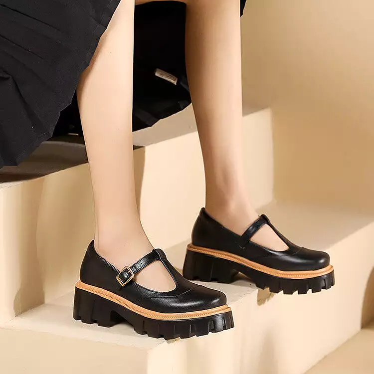 Women's Square Toe T Strap Chunky Heel Platform Loafers