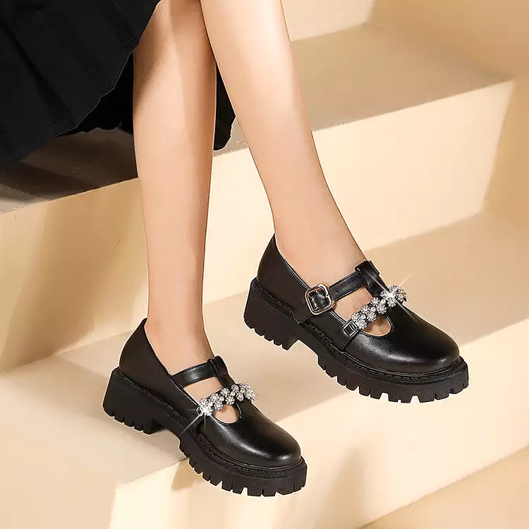 Women's T Strap Rhinestone Platform Slip-On Loafers