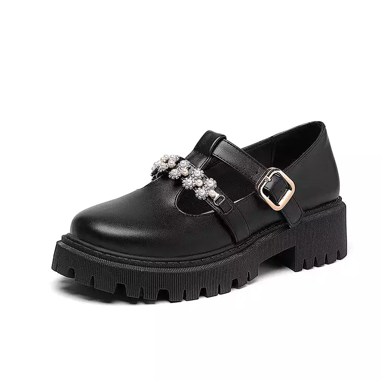 Women's T Strap Rhinestone Platform Slip-On Loafers