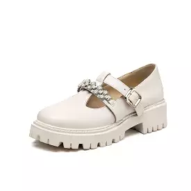 Women's T Strap Rhinestone Platform Slip-On Loafers