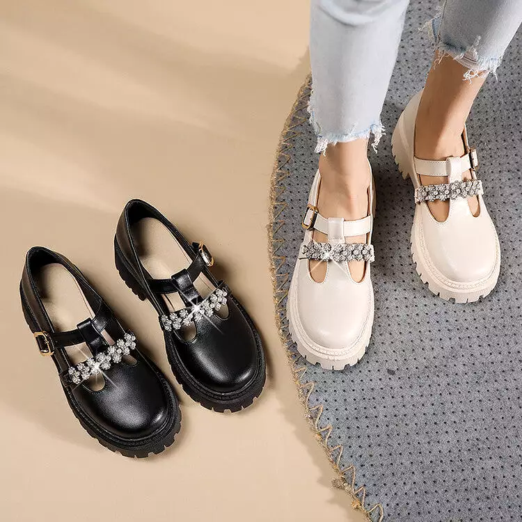 Women's T Strap Rhinestone Platform Slip-On Loafers