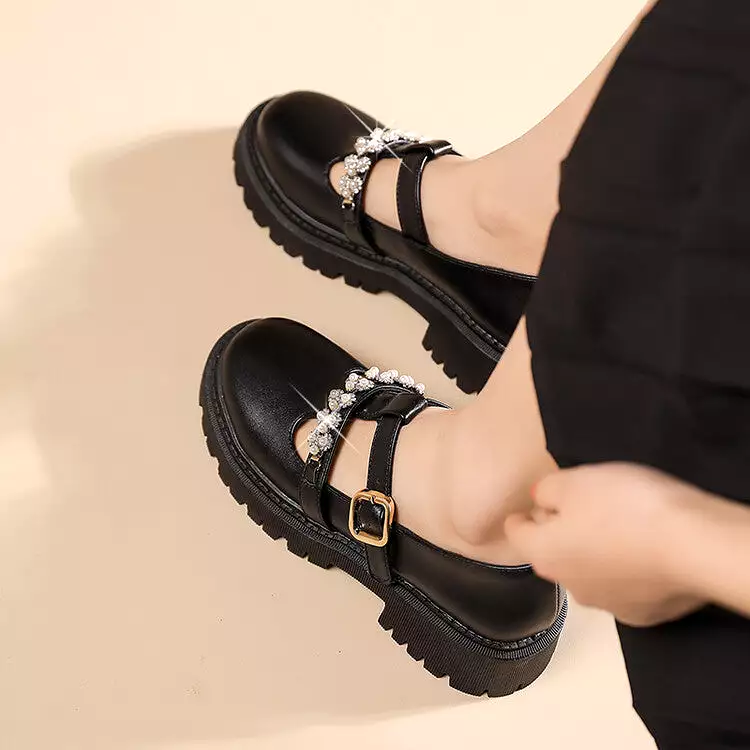 Women's T Strap Rhinestone Platform Slip-On Loafers