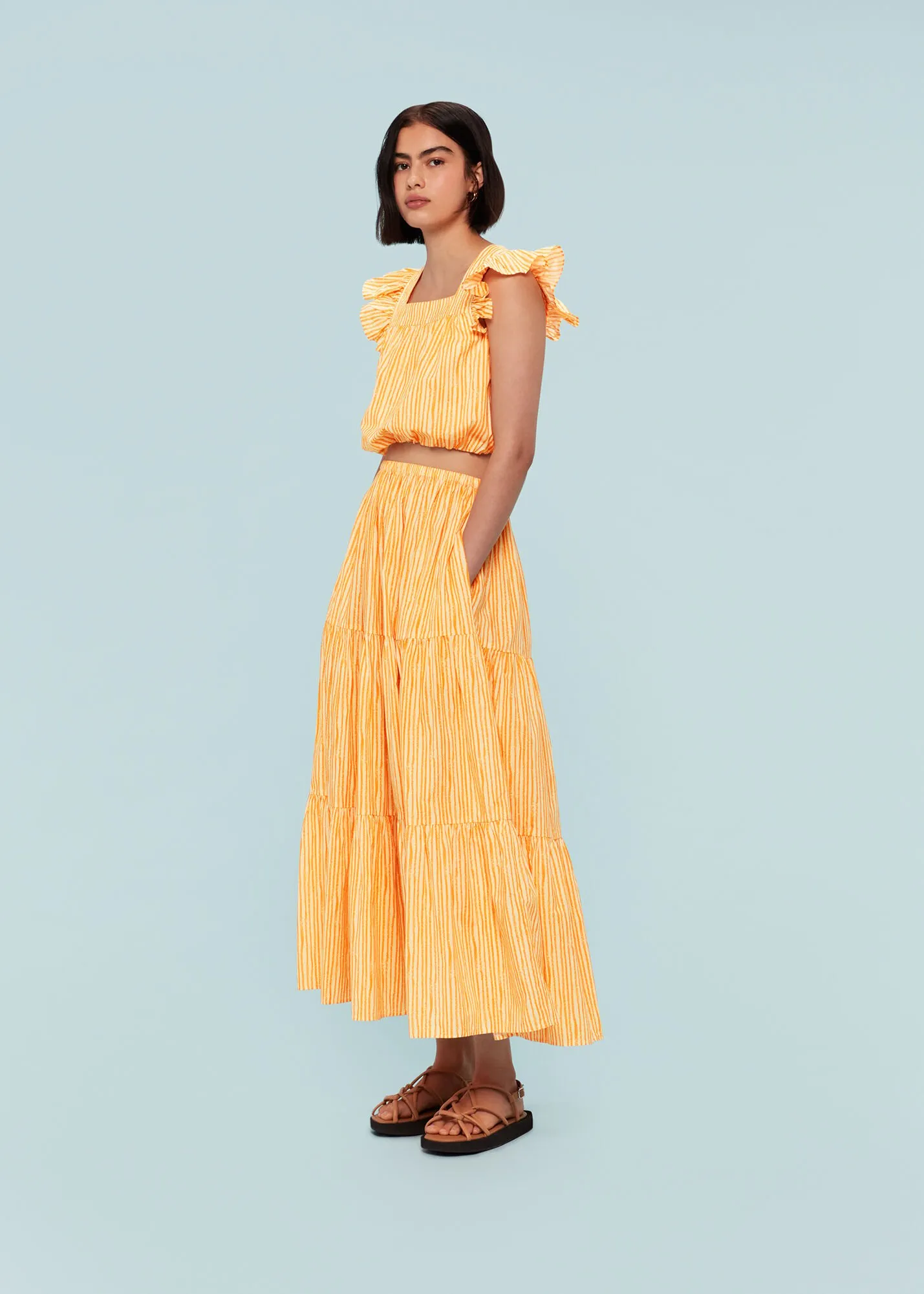 Yellow Chalk Stripe Tiered Skirt